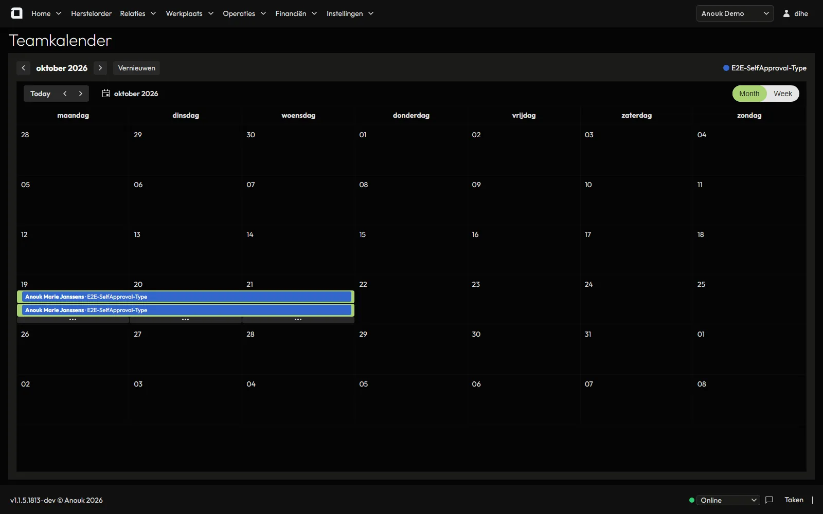 Team calendar showing approved and pending absences for the month