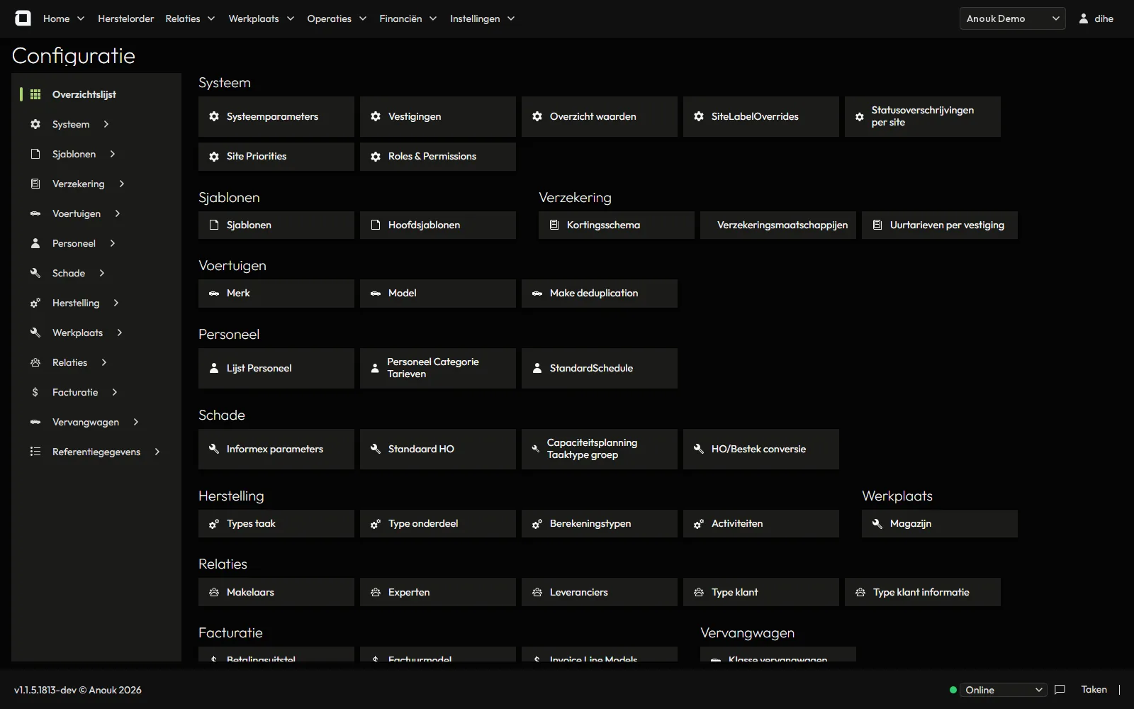Configuration hub with templates, insurance, vehicles, staff, repair and invoicing settings