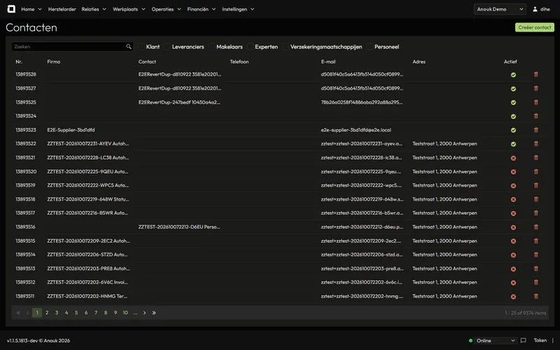 Relations list with filters for customers, suppliers, brokers, experts, insurers and staff