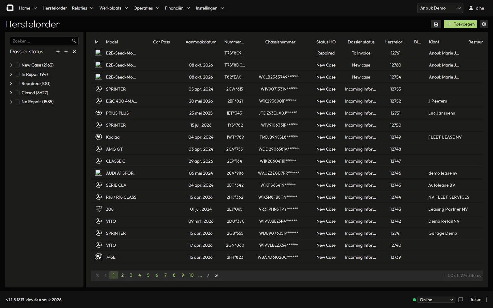 Repair order overview with dossier status filters
