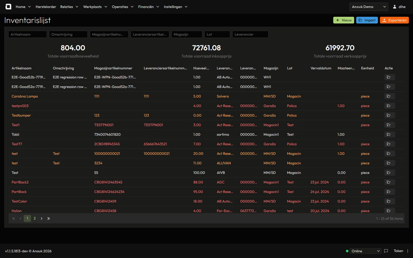 Inventory list with total stock quantity, purchase value and sales value