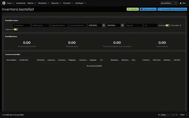 Inventory order list with totals per order status