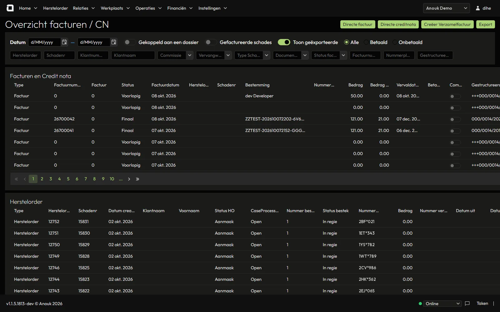 Invoice and credit note overview with filters