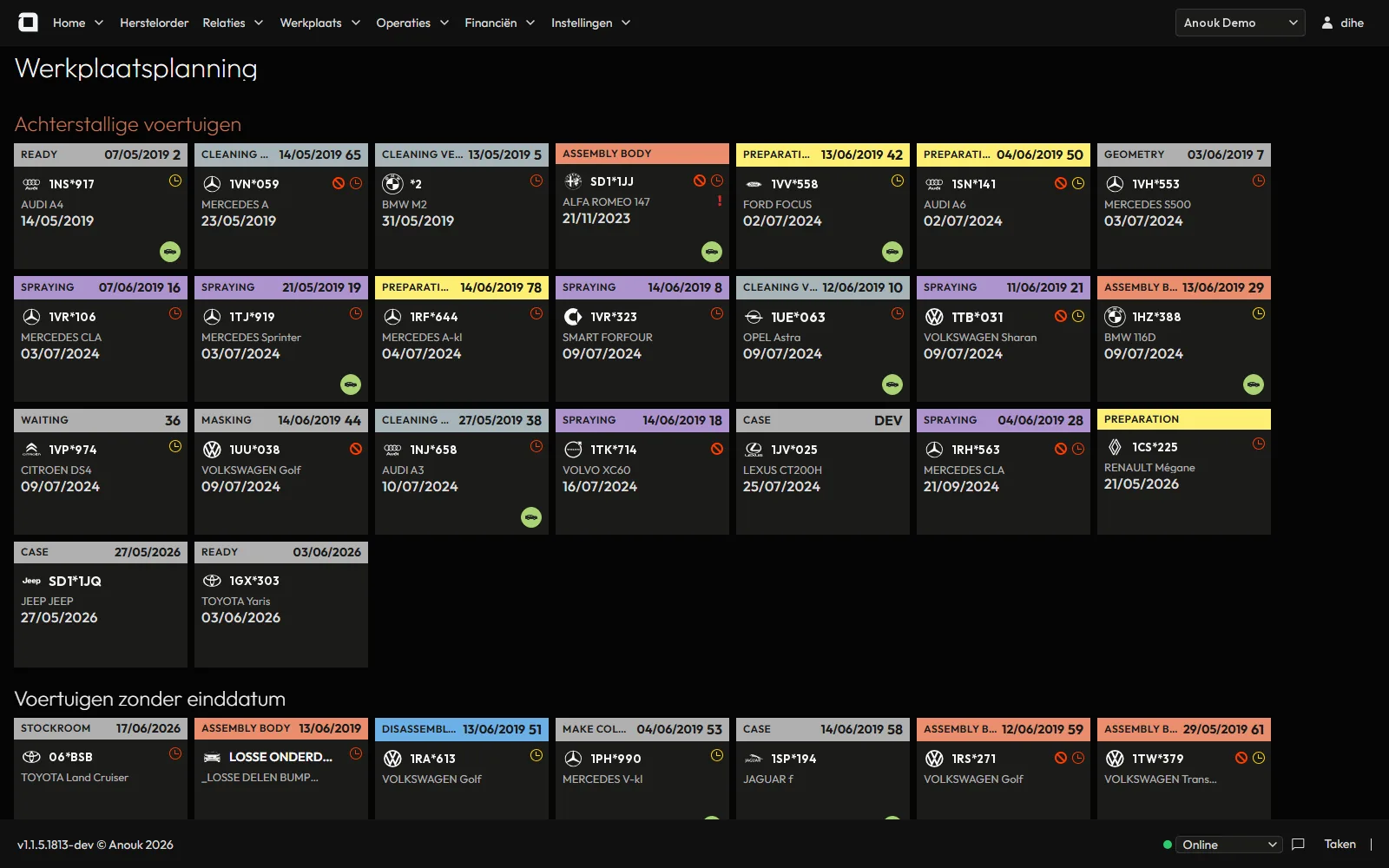 Shopfloor planning board with colour-coded vehicle tiles per repair phase